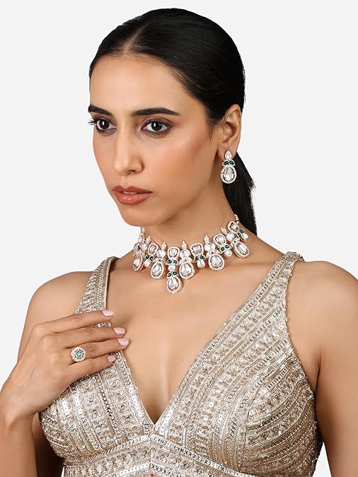 Poojavi Green Stones Dazzling Austrian Diamonds Rajwada Necklace, Earring & Ring Set For Women
