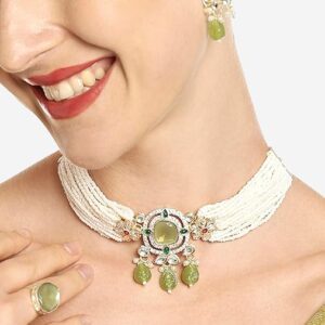 Poojavi Green Multistrand Kundan & Beads Choker Necklace Earring & Ring Set For Women