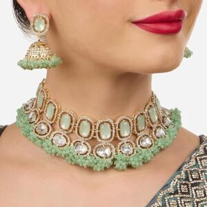 Poojavi Mint Green Stones Cluster Beads Austrian Diamonds Necklace & Earring Set For Women