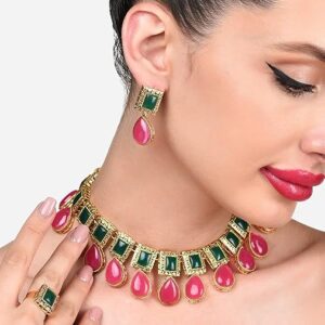 Poojavi Pink & Green Stones Antique Teardrop Necklace Earring & Ring Set For Women