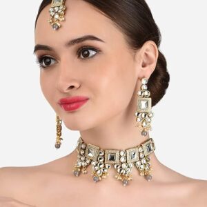 Poojavi Grey Meenakari Kundan Choker Necklace Earring Maangtikka & Ring Set For Women