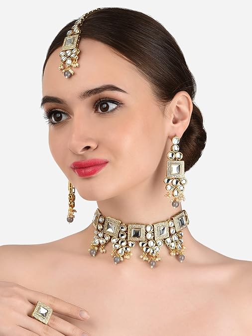 Poojavi Grey Meenakari Kundan Choker Necklace Earring Maangtikka & Ring Set For Women