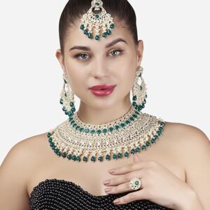 Poojavi Green Bridal Kundan Necklace Earring Maangtikka & Ring Set For Women