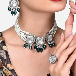 Poojavi Green Multistrand Dazzling Stones Choker Necklace Earring & Ring Set For Women