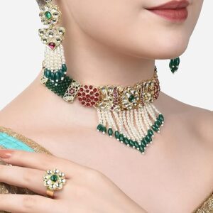 Poojavi Pink & Green Peacock Inspired Kundan Choker Necklace Earring & Ring Set For Women
