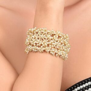 Antique Gold Tone Multistrand Clustered Pearls Ethnic Bracelet For Women