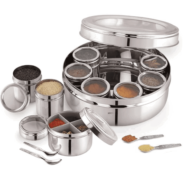 Stainless Steel 12 IN 1 Masala Box for Kitchen | Spice Box for Kitchen | Masala Container | Masala Dabba with individual See through lid 4 Spoons | Silver (2.5 Ltr | X-Large | 22.5cm)