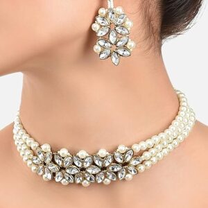 Poojavi Gold Tone Crystal Shine Stones & Multistrand Pearls Choker Necklace & Earring Set For Women