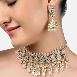 Poojavi Red Meenakari Kundan Choker Necklace & Jhumki Earring Set For Women