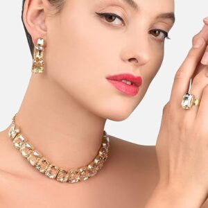 Poojavi Crystal Shine Stones Studded Contemporary Necklace, Earring & Finger Ring Set For Women