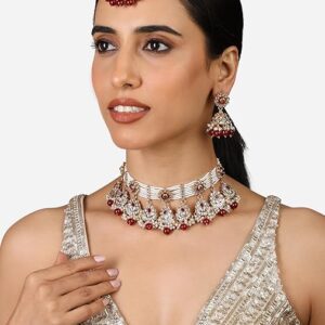 Poojavi Red Stones Beads Kundan Crescent Floral Choker Necklace Earring & Maangtikka Set For Women