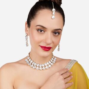 Poojavi Gold Tone Dazzling Stones Choker Necklace Earring Maangtikka Set For Women