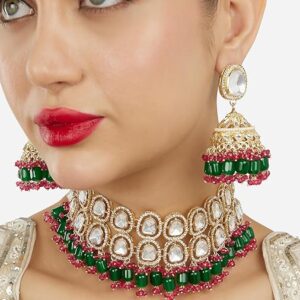 Poojavi Pink Green Cluster Beads Dazzling Austrian Diamonds Stones Choker Necklace & Earring Set For Women