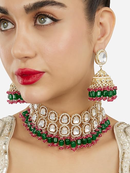 Poojavi Pink Green Cluster Beads Dazzling Austrian Diamonds Stones Choker Necklace & Earring Set For Women