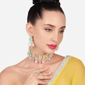 Poojavi  Multicolor Stones Beads Kundan Choker Necklace Earring & Ring Set For Women