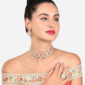 Poojavi Peach Stones Dazzling Austrian Diamonds Kundan Choker Necklace Earring & Ring Set For Women