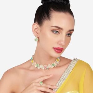 Poojavi Multicolor Stones Beads Kundan Choker Necklace Earring & Ring Set For Women