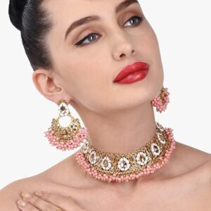 Poojavi Pink Cluster Beads Choker Necklace Earring Maangtikka & Ring Set For Women