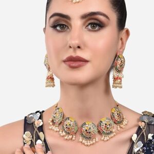 Poojavi Multicolor Meenakari Flower Design Choker Necklace Earring Maangtikka & Ring Set For Women