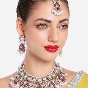 Poojavi Rani Pink & Green Enamel Kundan & Beads Bridal Necklace Earring Maangtikka & Ring Set For Women