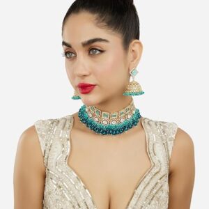 Poojavi Turquoise Mint & Teal Green Cluster Beads Drop Dazzling Austrian Diamonds Choker Necklace & Earring Set For Women