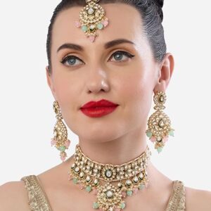 Poojavi Green Pink Beads Kundan Meenakari Multistrand Choker Necklace Earring & Maangtikka Set For Women