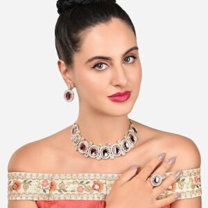 Poojavi Wine Color Stones Dazzling Austrian Diamonds Kundan Necklace Earring & Ring Set For Women