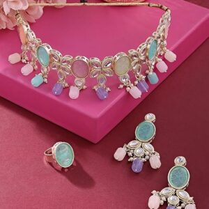 Poojavi Purple Stones Dazzling Austrian Diamonds Pearls Choker Necklace Earring Maangtikka & Ring Set For Women