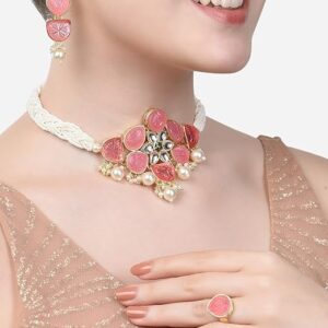 Poojavi Pink Flower Stones Ethnic Pearl Choker Necklace Earring & Ring Set For Women
