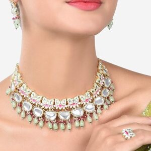 Poojavi Green & Pink Meenakari Lotus Kundan Necklace Earring & Ring Set For Women