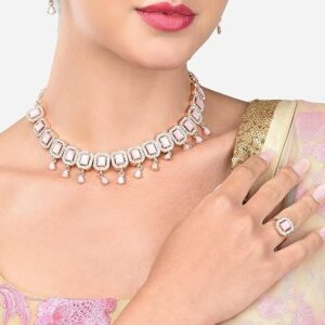 Poojavi Pink Dazzling Stones Sleek Choker Necklace Earring & Ring Set For Women