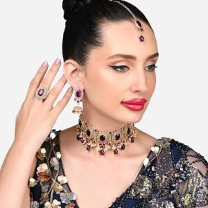 Poojavi Dazzling Purple Ethnic Choker Necklace Earring Maangtikka & Ring Set For Women