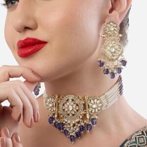 Poojavi Multistrand Beaded Dazzling Stones Choker Necklace & Earring Set For Women