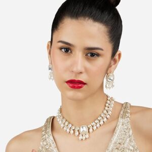 Poojavi Gold Tone Austrian Diamonds Artificial Stones & Beads Necklace & Earring Set For Women