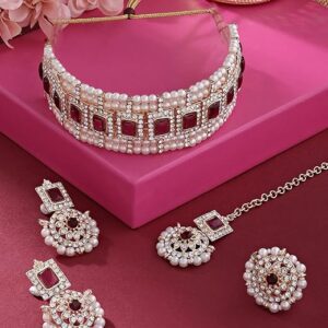 Poojavi Green & Pink Artificial Stones & Kundan Ethnic Choker Necklace Earring & Ring Set For Women
