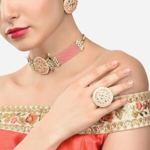 Poojavi Pink Meenakari Crystal Woven Kundan Choker Necklace Earring & Ring Set For Women