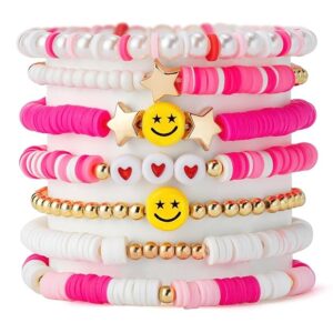 7Pcs Combo Latest Stylish Beach Surfer Bracelets Set | Colorful Preppy Heishi Bracelet | Multilayer Boho Happy Smile Heart Star Stretch Beaded Bracelets | Evil Eye Stackable Beaded Bracelets | Y2K Pearl Bracelets Set for Women Girls Teens