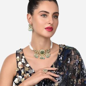 Poojavi Green Beads & Kundan Choker Necklace Earring & Ring Set For Women