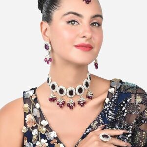 Poojavi Purple Stones & Beads Choker Necklace Earring Ring & Maangtikka Set For Women