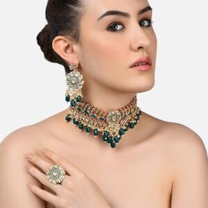 Poojavi Green Meenakari Kundan Choker Necklace Earring Maangtikka & Ring Set For Women