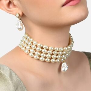 Poojavi  Gold Tone Ethnic Pearls Choker Necklace & Earring Set For Women