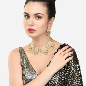 Poojavi Peach Green Stones & Beads Kundan Choker Necklace Earring & Ring Set For Women