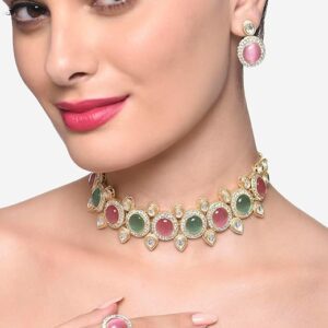 Poojavi Pink & Blue Meenakari Multistrand Kundan Choker Necklace Earring & Ring Set For Women