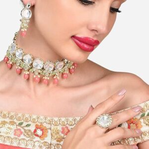 Poojavi Green Pink Beads Statement Kundan Choker Necklace Earring & Ring Set For Women