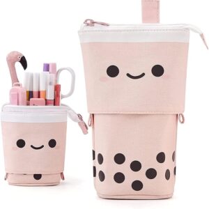 Polyester Standing Pencil Case Cute Pencil Pouch For Girls & Boys - Korean Boba Pop Up Stationery Makeup Cosmetic Organizer Box, Pen Pencil For Boys Kids Women School Students (Pink)