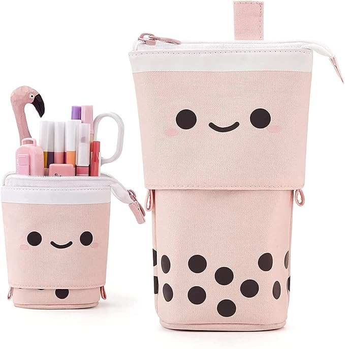 Polyester Standing Pencil Case Cute Pencil Pouch For Girls & Boys - Korean Boba Pop Up Stationery Makeup Cosmetic Organizer Box, Pen Pencil For Boys Kids Women School Students (Pink)