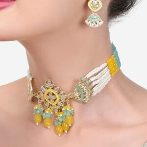Poojavi Turquoise & Yellow Crystal Multistrand Kundan Choker Necklace & Earring Set For Women