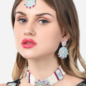 Poojavi Turquoise Blue Meenakari & Pink Crystals Multistrand Kundan Choker Necklace Earring & Maangtikka Set For Women