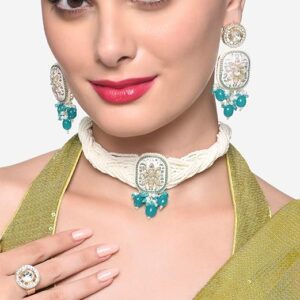 Poojavi Multi Colour Cluster Drops Kundan Choker Necklace Earring & Ring Set For Women