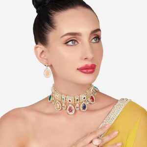 Poojavi Multicolor Stones Kundan Choker Necklace Earring & Ring Set For Women